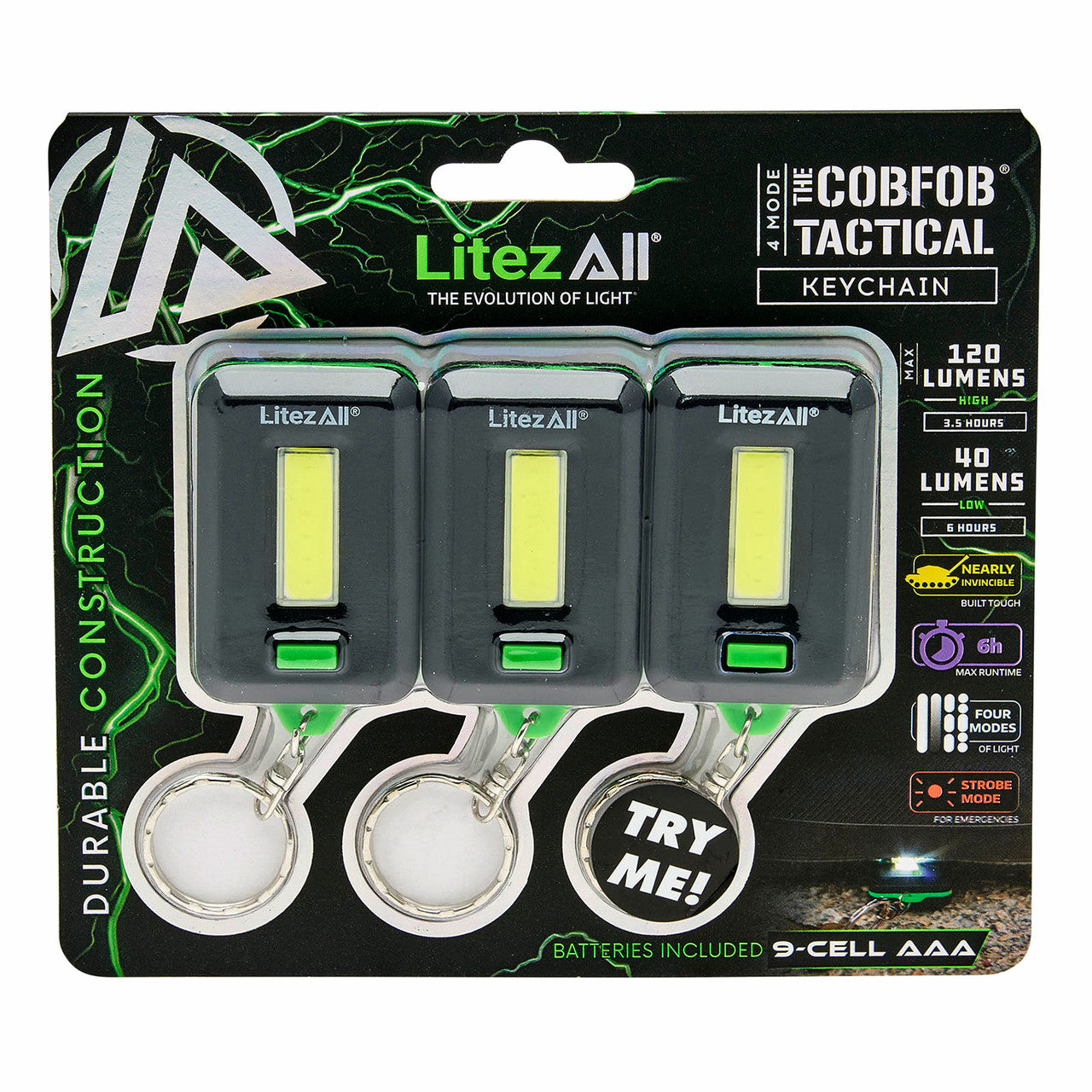 LitezAll CobFob Tactical Keychain 120 Lumens 3 Pack AAA Batteries Included 24389