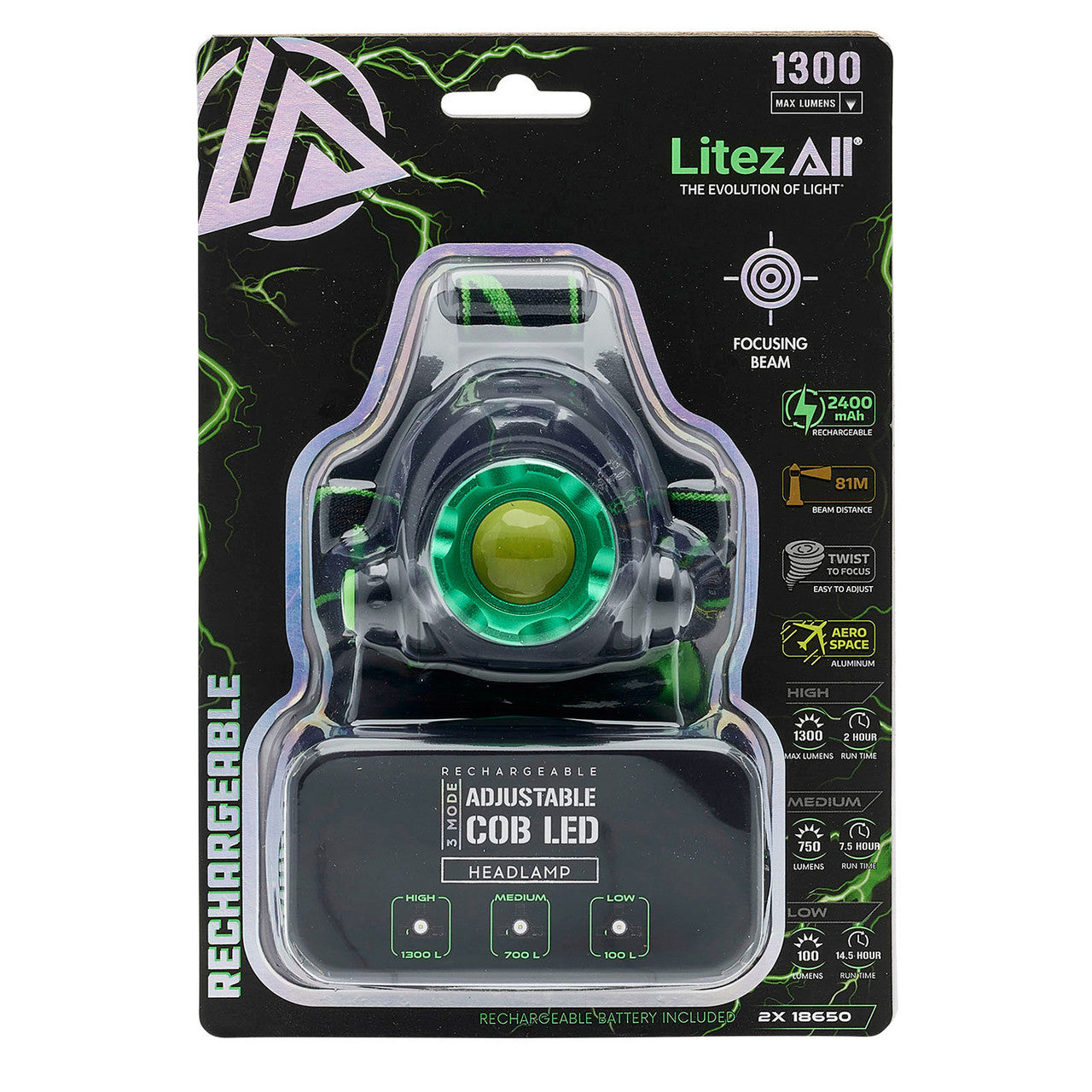 LitezAll Rechargeable Head Torch 1300 Lumens COB LED Technology 25188