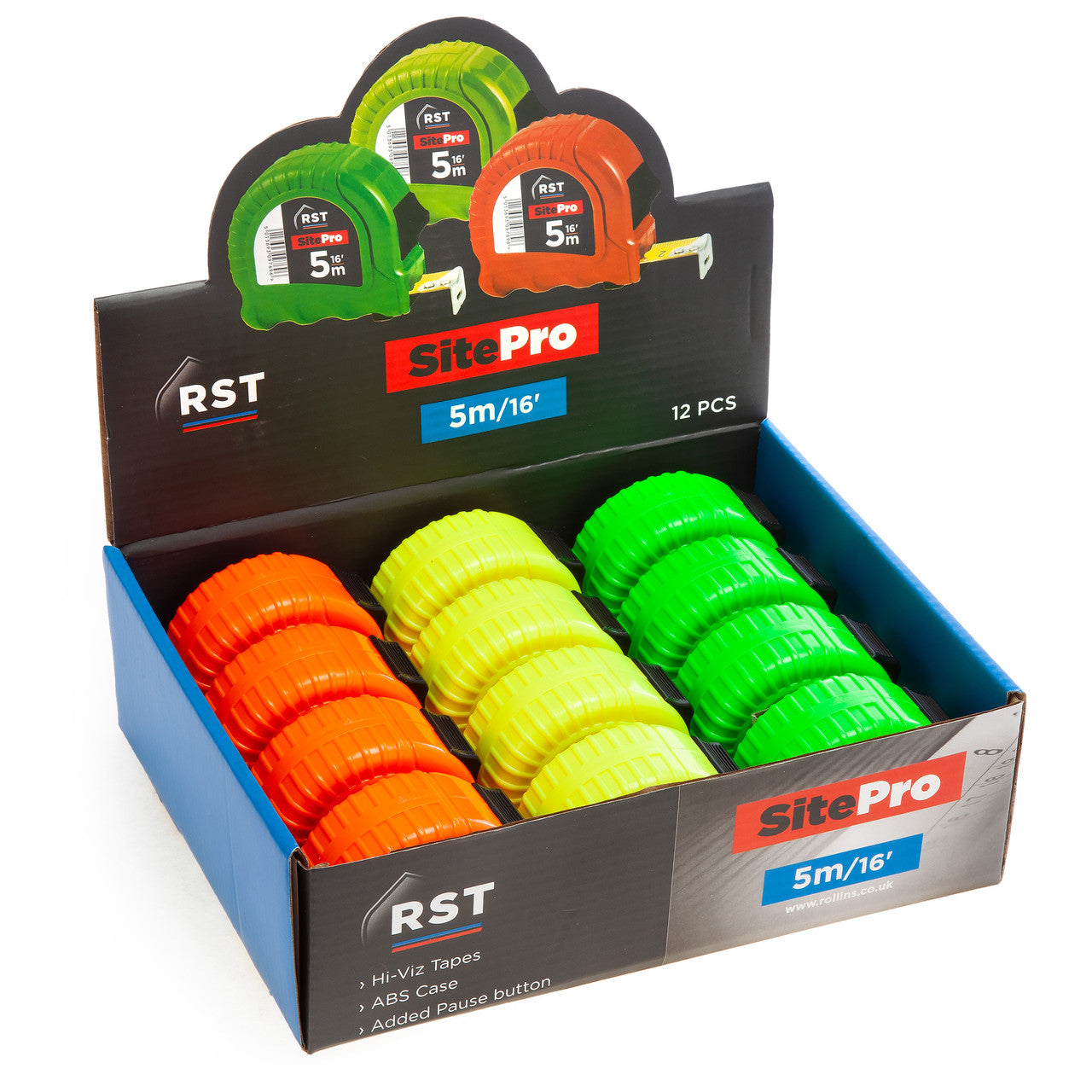 RST Hi-Viz Measuring Tape 16’ / 5m Box of 12 23mm Wide Blade With Pause RSTDIS50