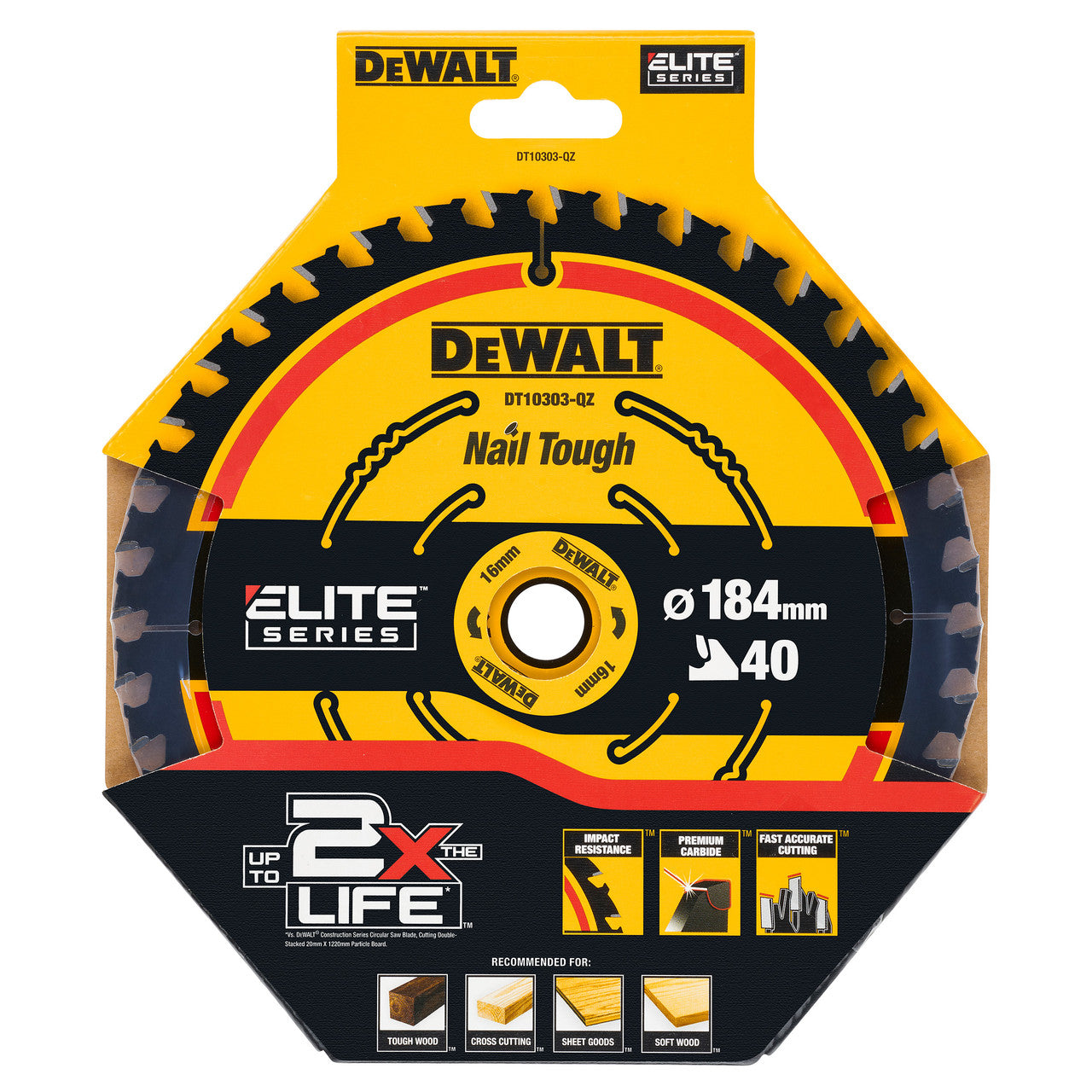 Dewalt ELITE Circular Saw Blade Nail Tough 184mm x 16mm 40T DT10303