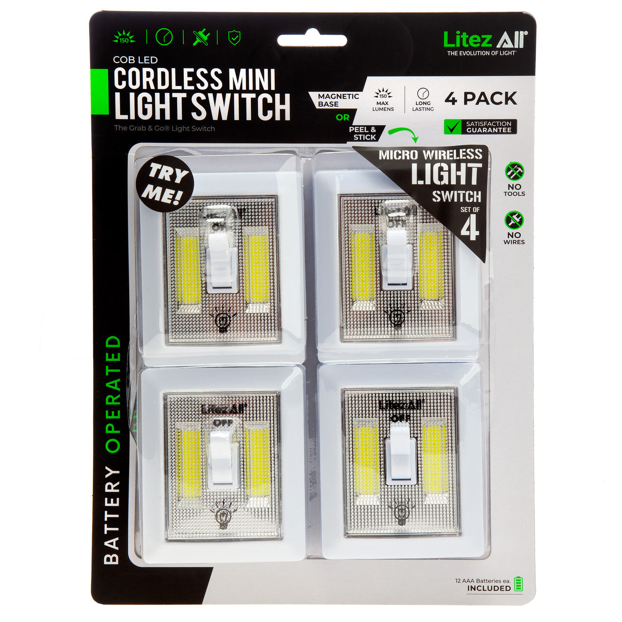LitezAll Mini Wireless Self-Adhesive COB LED Light Switch 150 Lumens 4 Pk 21852