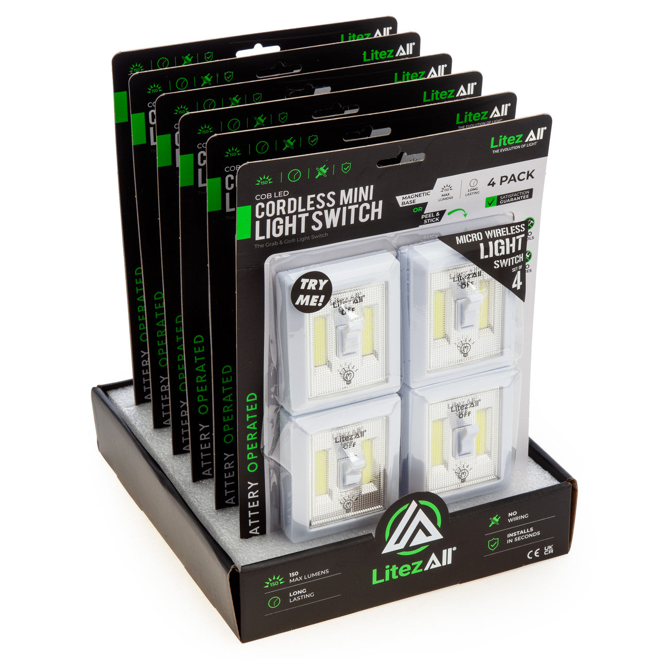 LitezAll Mini Wireless Self-Adhesive COB LED Light Switch 150 Lumens 4 Pk 21852