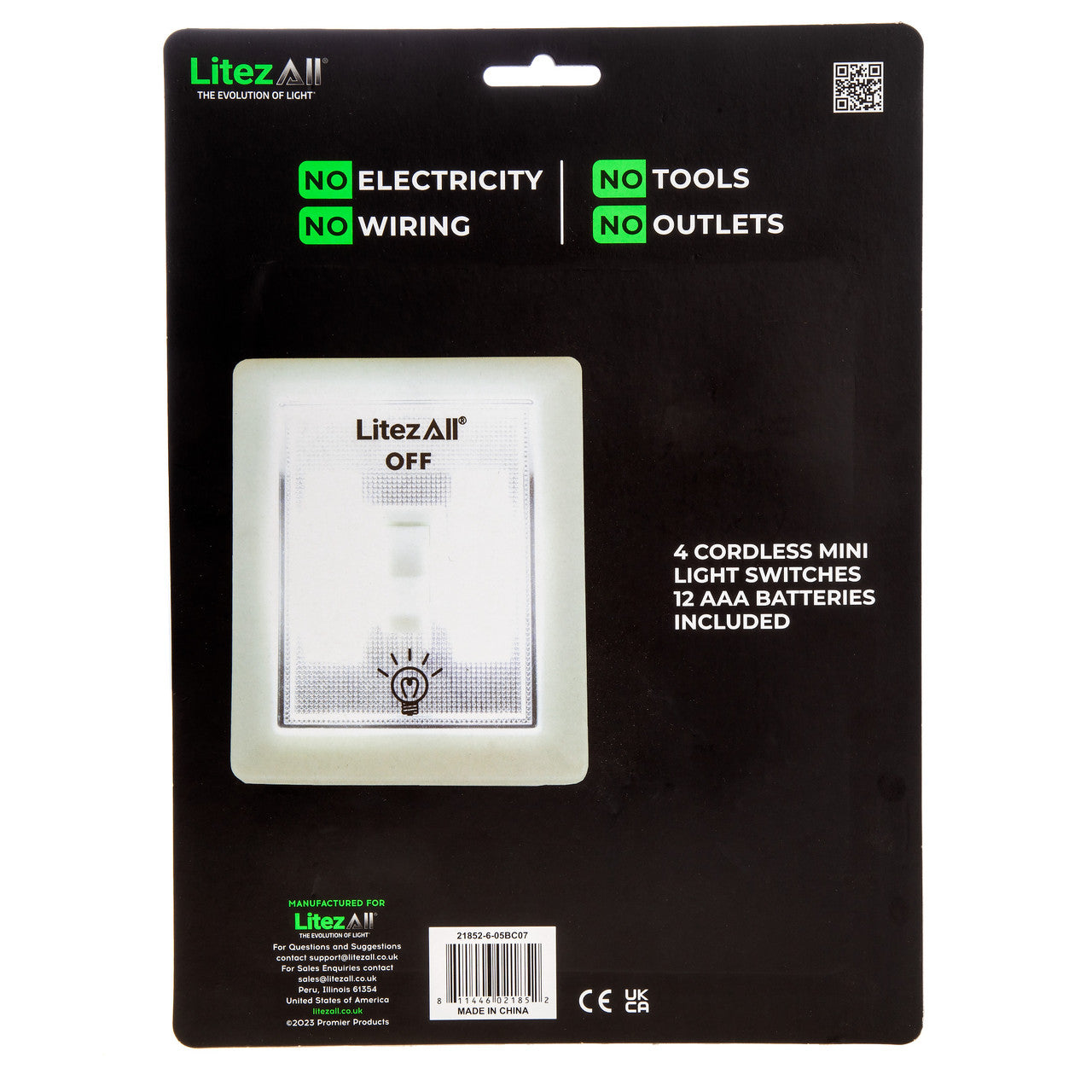 LitezAll Mini Wireless Self-Adhesive COB LED Light Switch 150 Lumens 4 Pk 21852