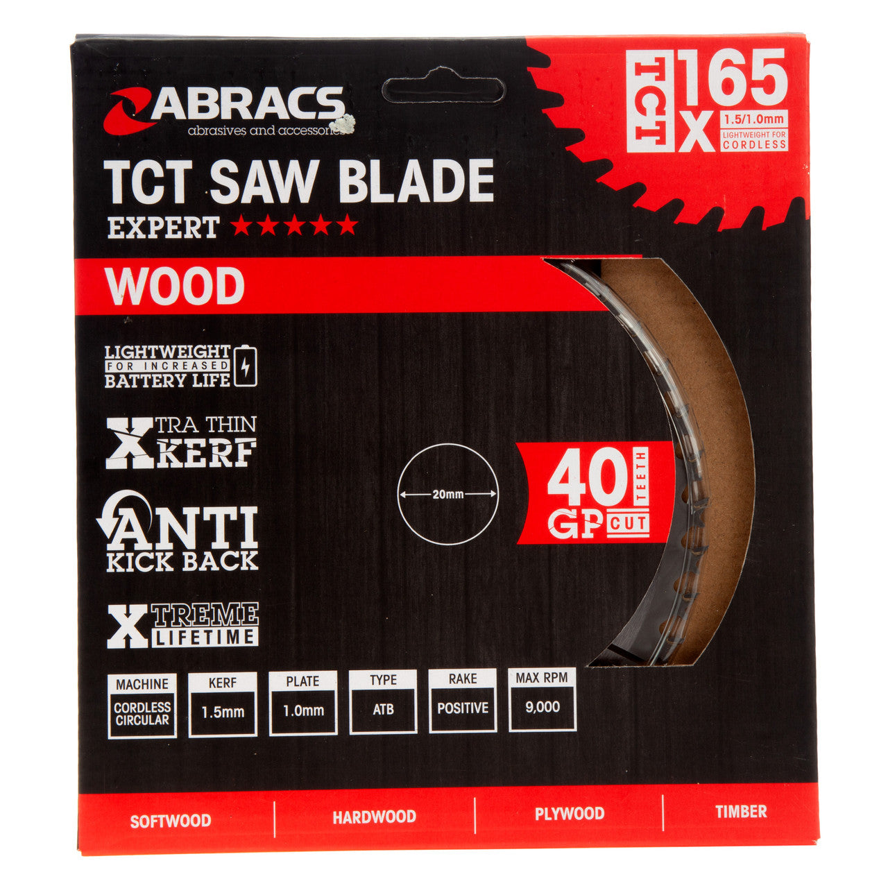 Abracs TCT Cordless Circular Saw Blade for Wood 165 x 20mm x 40T TCTC16540