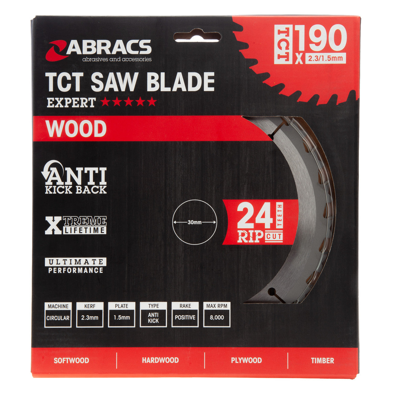 Abracs TCT Circular Saw Blade for Wood 190 x 30mm x 24T TCT19024