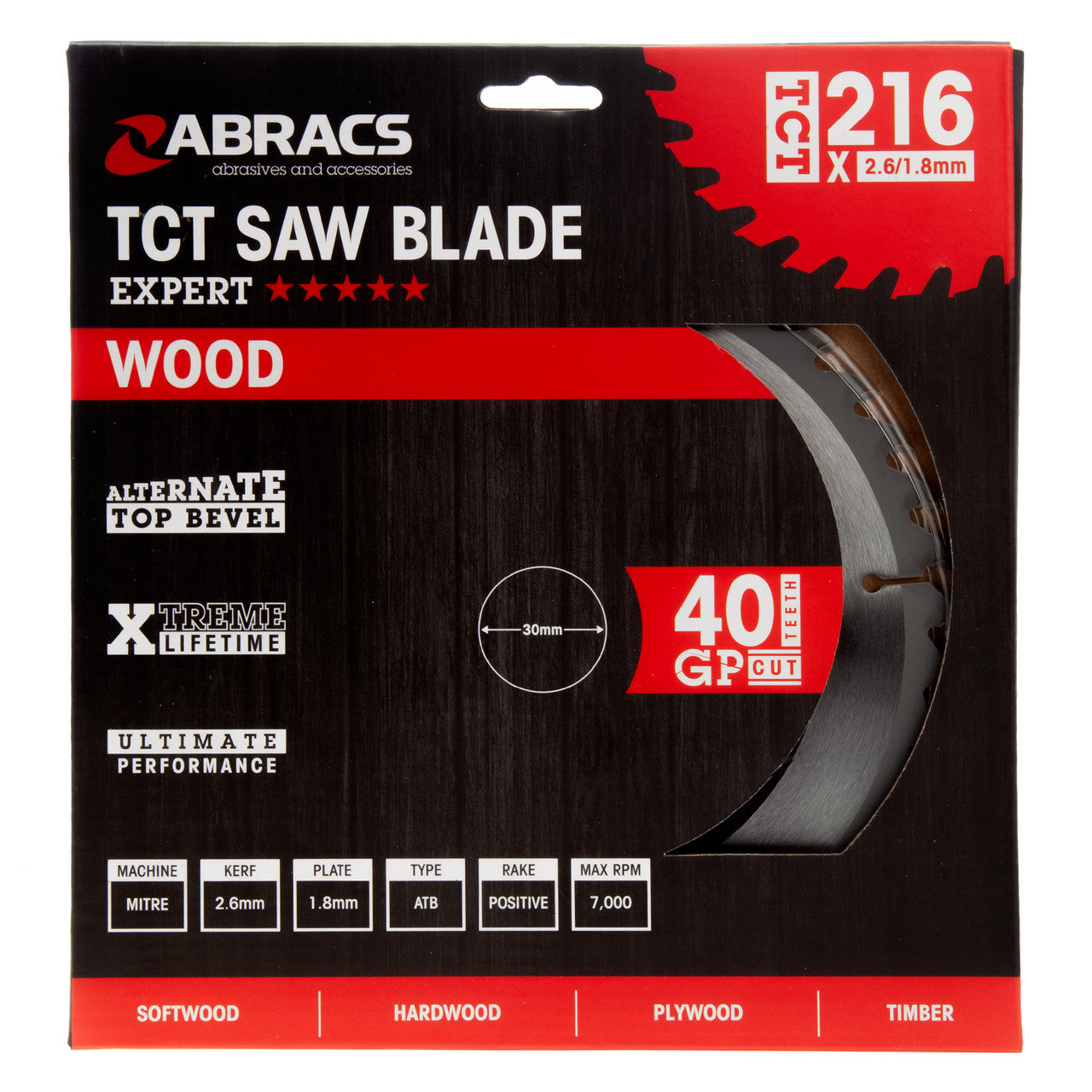 Abracs TCT Circular Saw Blade for Wood 216 x 30mm x 40T TCT21640