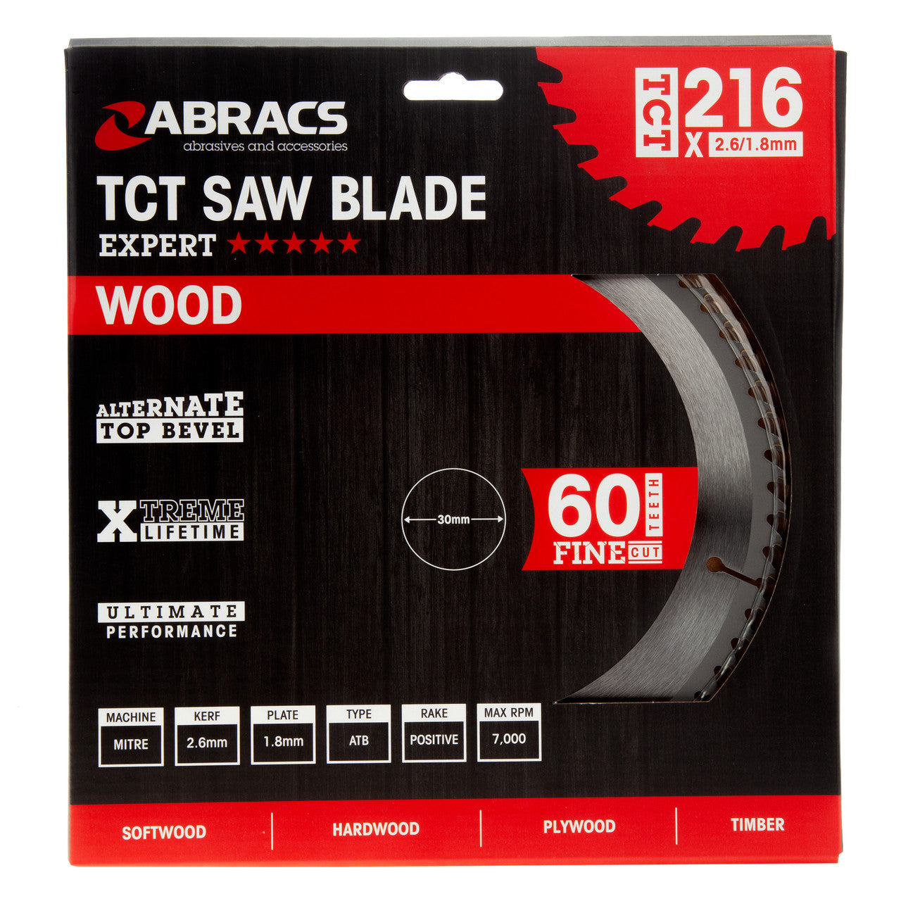Abracs TCT Circular Saw Blade for Wood 216 x 30mm x 60T TCT21660