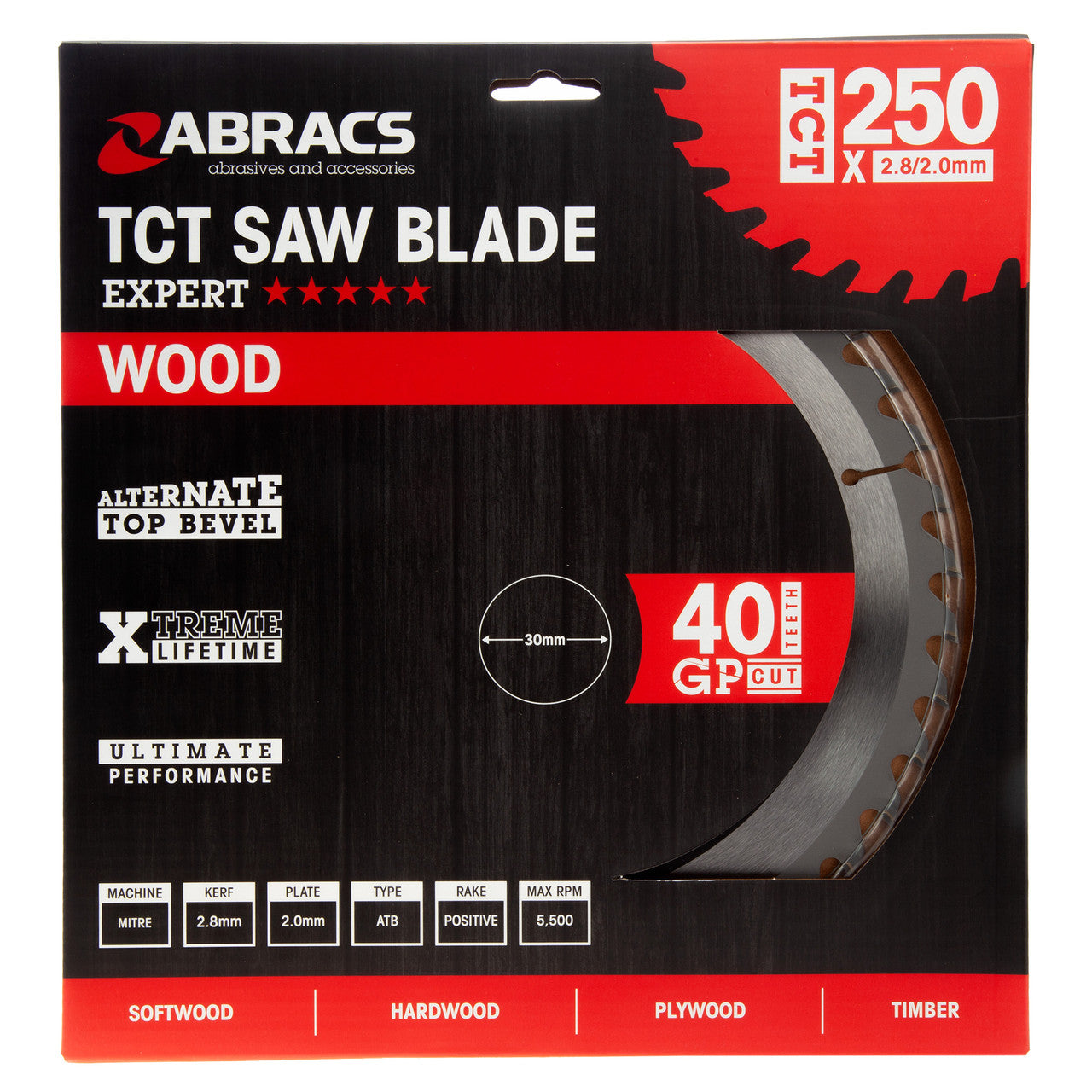 Abracs TCT Circular Saw Blade for Wood 250 x 30mm x 40T TCT25040
