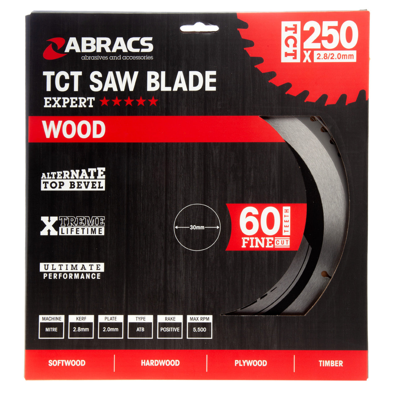 Abracs TCT Circular Saw Blade for Wood 250 x 30mm x 60T TCT25060