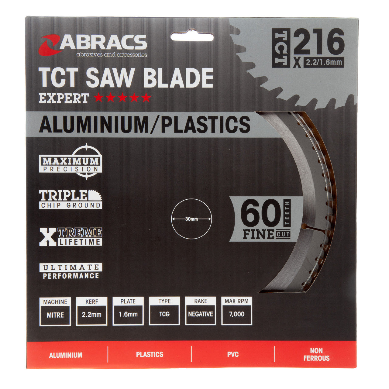 Abracs TCT Circular Saw Blade for Aluminium 216 x 30mm x 60T TCTA21660