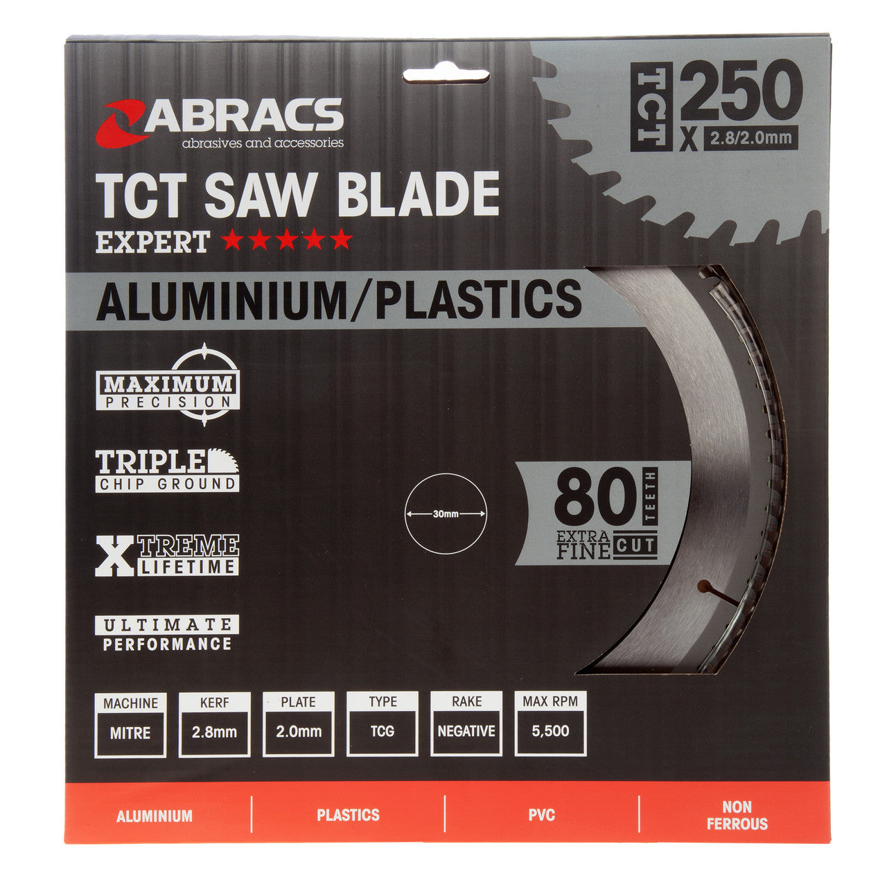 Abracs TCT Circular Saw Blade for Aluminium 250 x 30mm x 80T TCTA25080