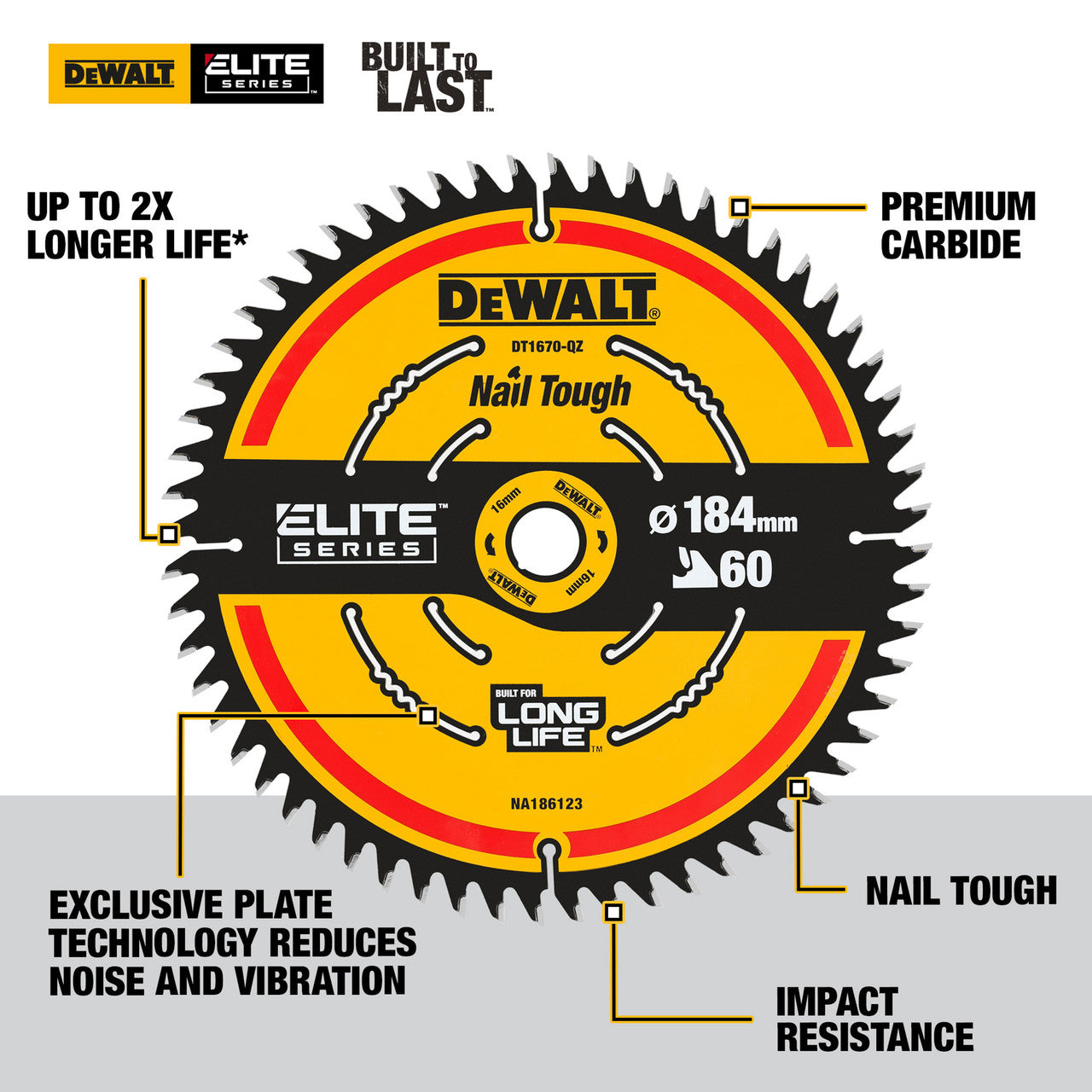 Dewalt ELITE Circular Saw Blade Nail Tough 184mm x 16mm 60T DT1670