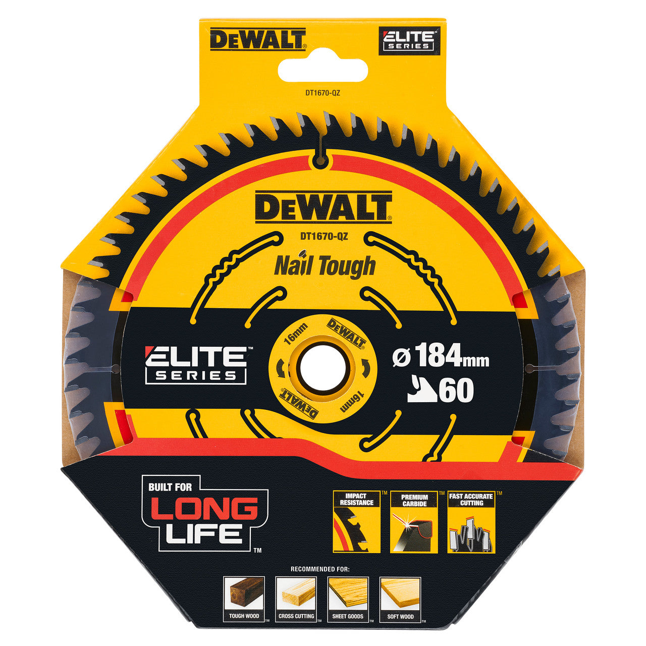 Dewalt ELITE Circular Saw Blade Nail Tough 184mm x 16mm 60T DT1670