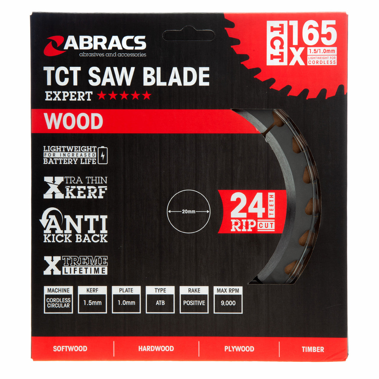 Abracs TCT Cordless Circular Saw Blade for Wood 165 x 20mm x 24T TCTC16524