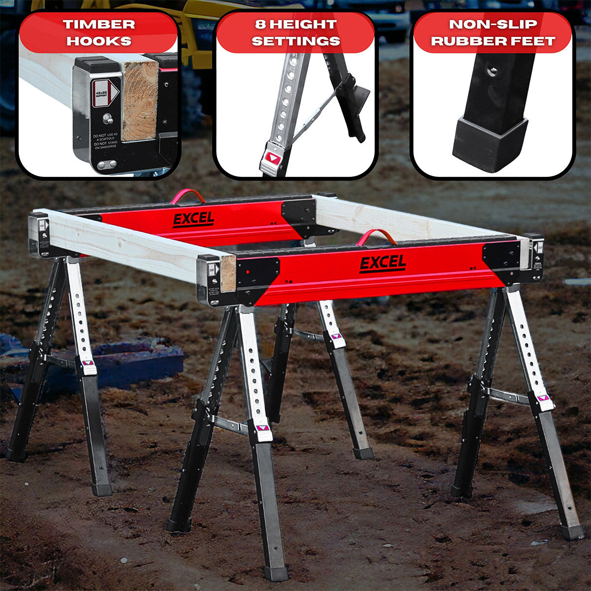 Excel 6288 Heavy Duty Steel Folding Saw Horse with Adjustable Legs 1178kg Capacity (Twin Pack)