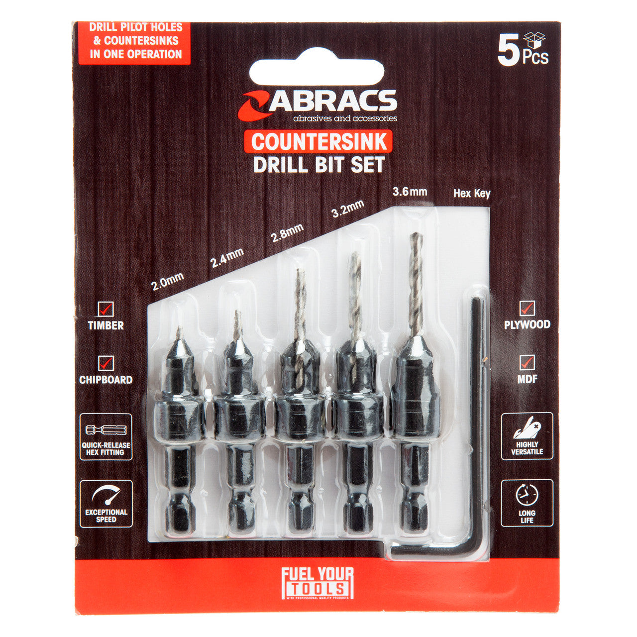 Abracs Countersink Wood Drill Bit Set 5 Piece 2 - 3.6mm With Pilot CSDBSET5