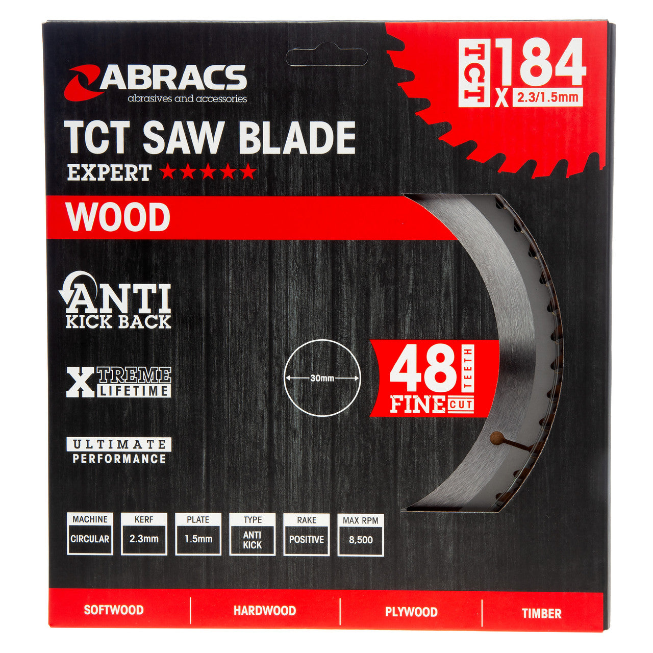 Abracs TCT18448 TCT Circular Saw Blade for Wood 184 x 30mm x 48T