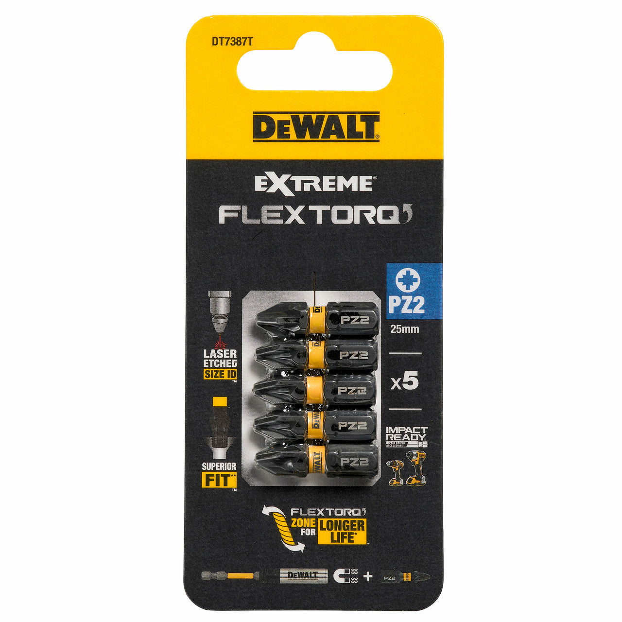 Dewalt Extreme FLEXTORQ PZ2 Screwdriver Bits 25mm Pack Of 5 DT7387T