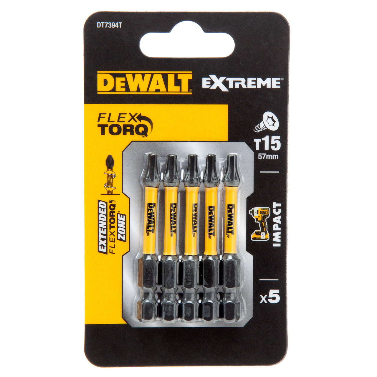 Dewalt Extreme FLEXTORQ T15 Torx Screwdriver Bits 57mm Pack Of 5 DT7394T