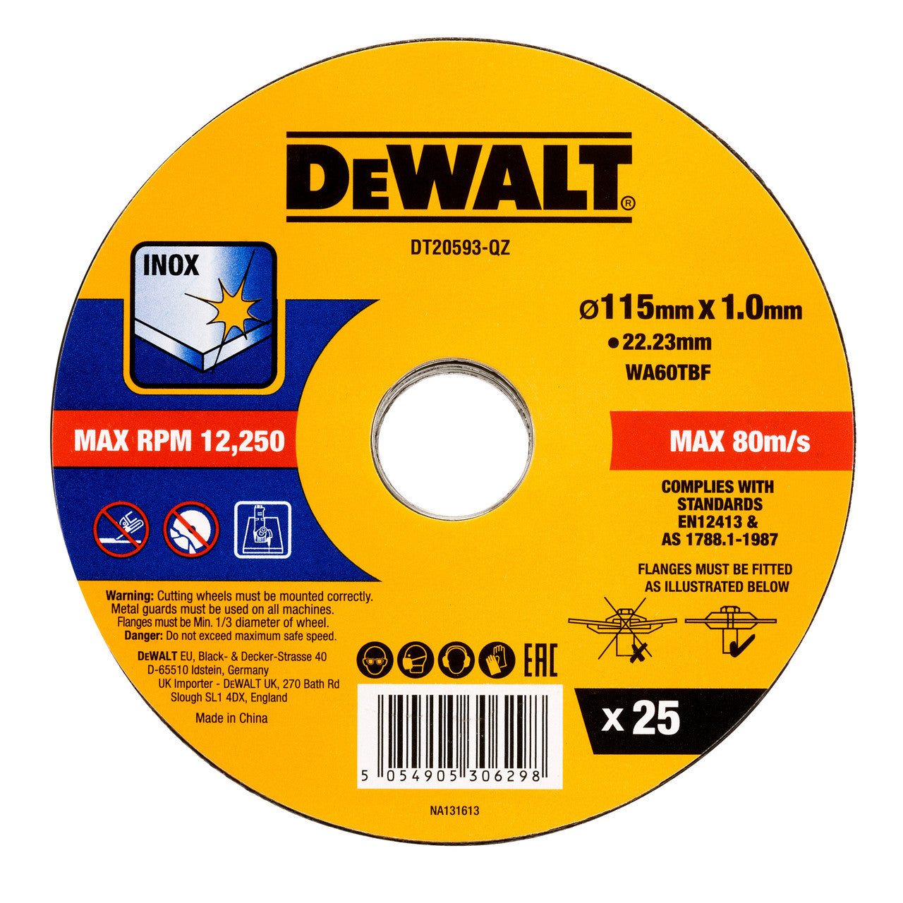 Dewalt Bonded Cutting Discs 115mm x 1mm x 22.23mm Pack of 25 DT20593