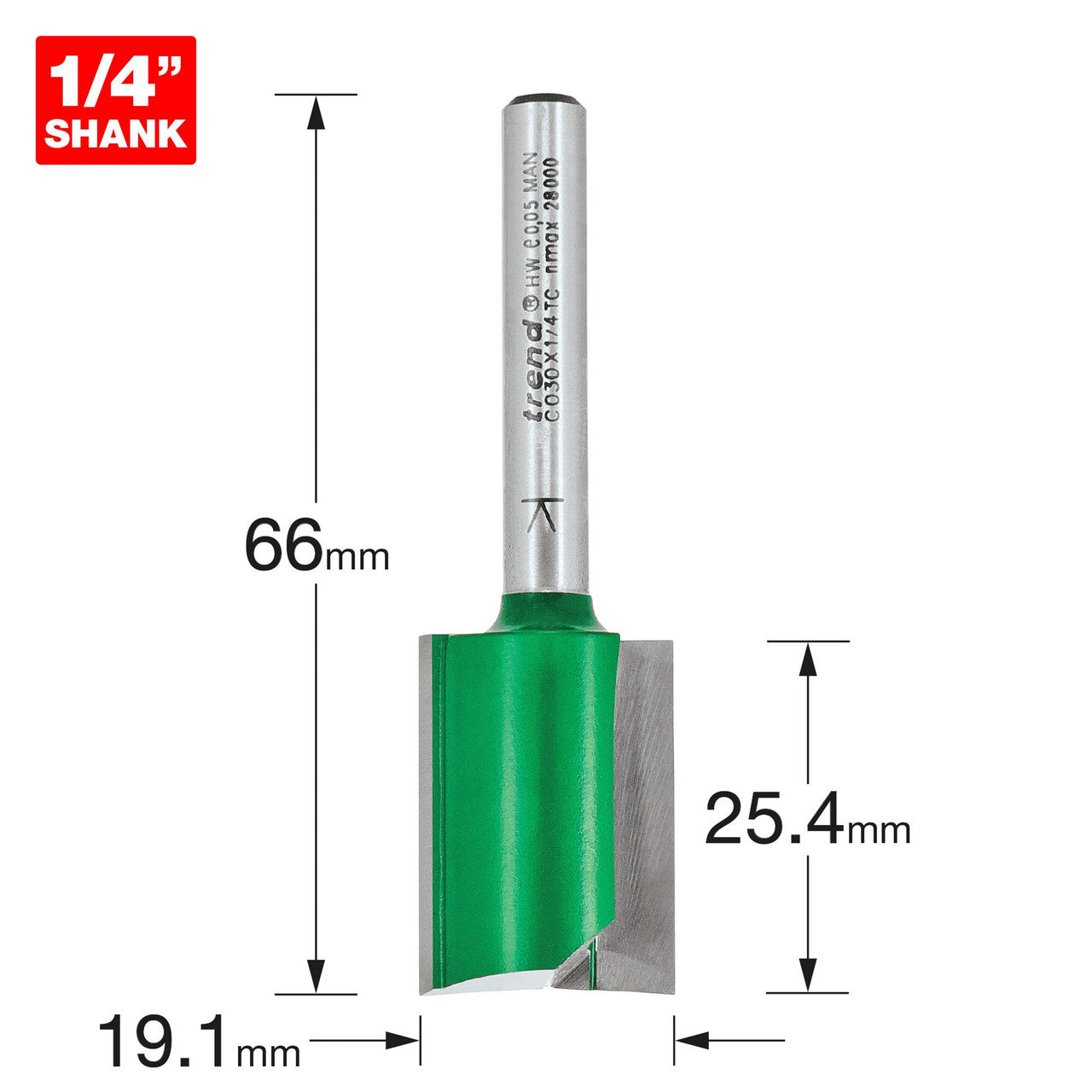 Trend CraftPro Two Flute Cutter 19.1mm Diameter Depth 1 inch 25.4 mm C030X1/4TC
