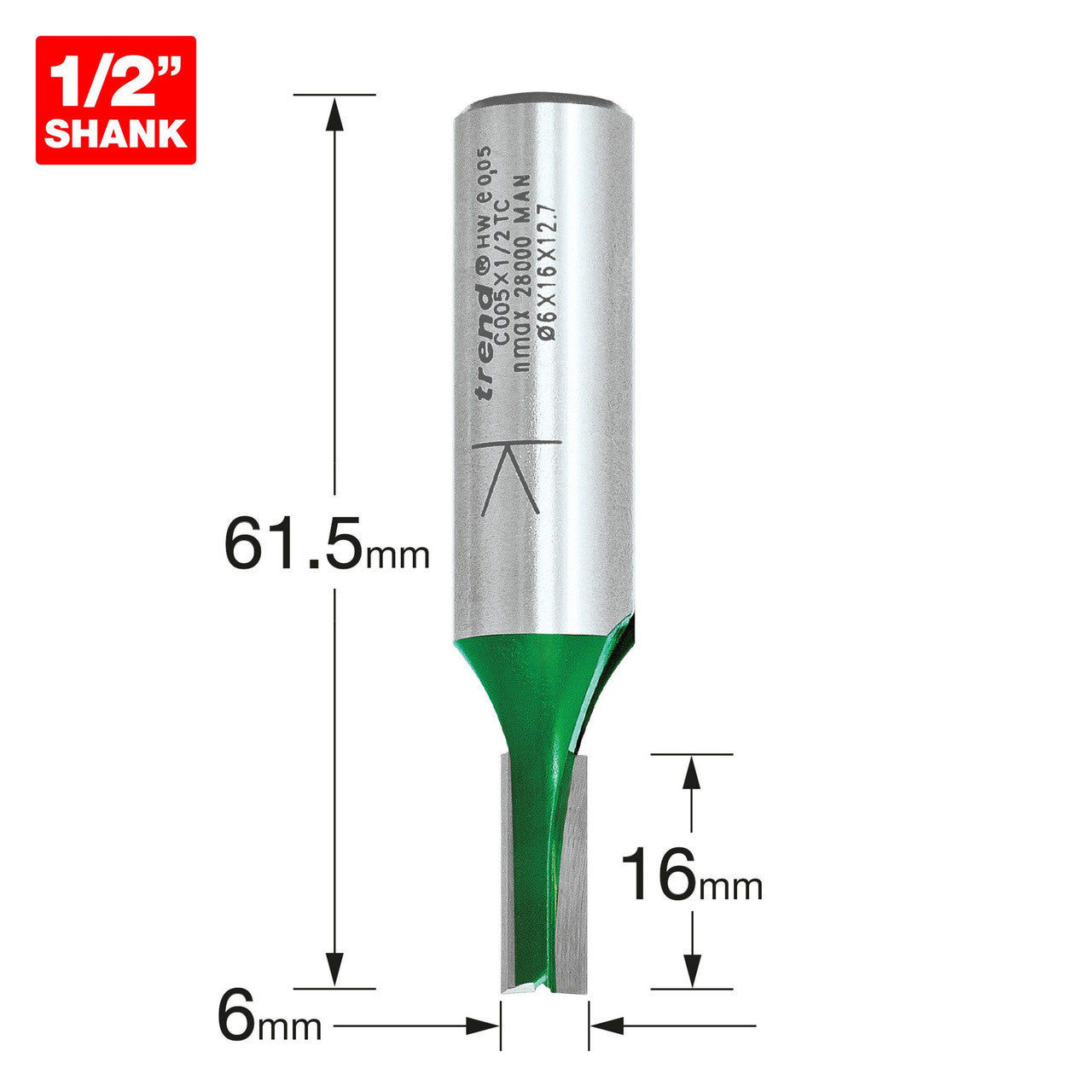Trend CraftPro Two Flute Cutter 6mm Diameter Cutter Depth 16mm C005X1/2TC