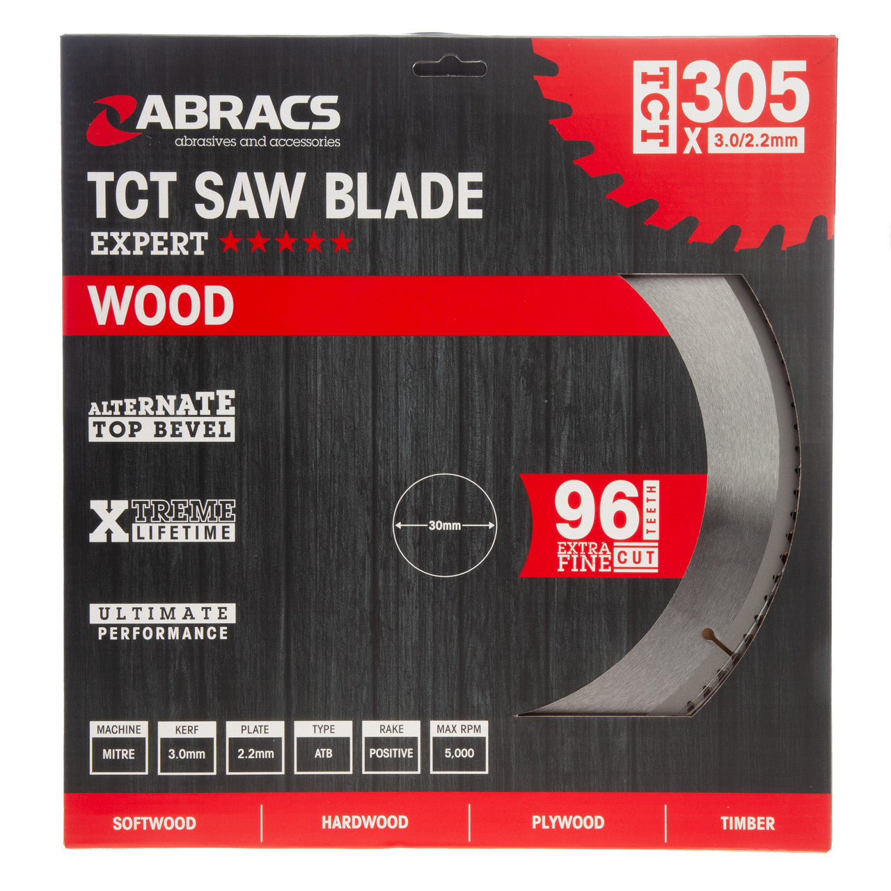Abracs TCT Circular Saw Blade for Wood 305 x 30mm x 96T TCT30596