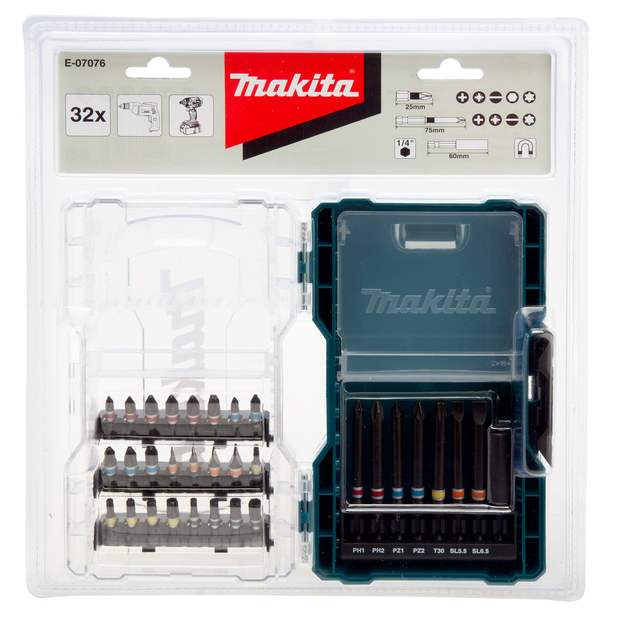 Makita Assorted Screwdriver Bit Set 32 Piece 25mm And 75mm Long E-07076