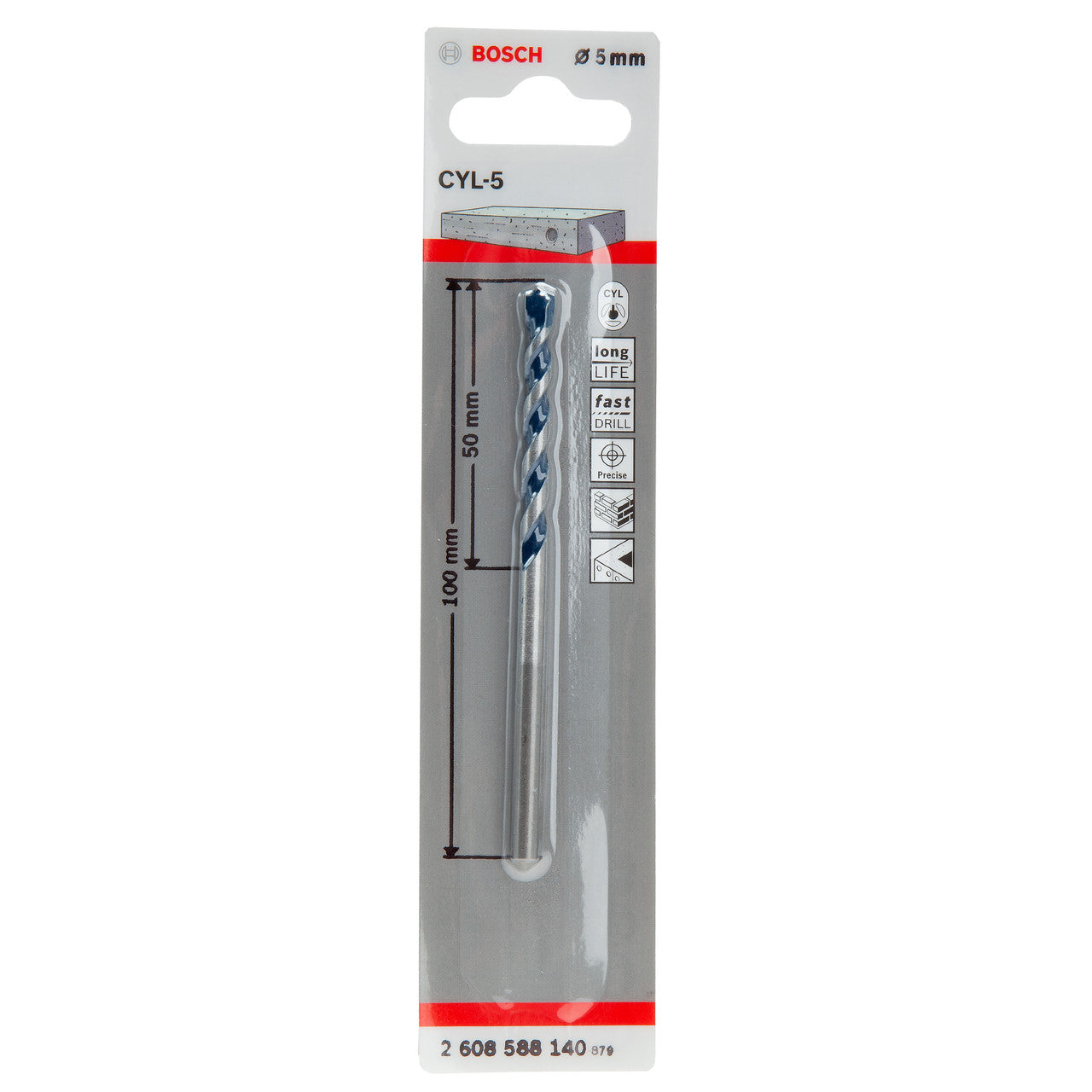 Bosch CYL-5 Concrete Drill Bit 5 x 50 x 100mm 2 Flute Red Friction 2608588140