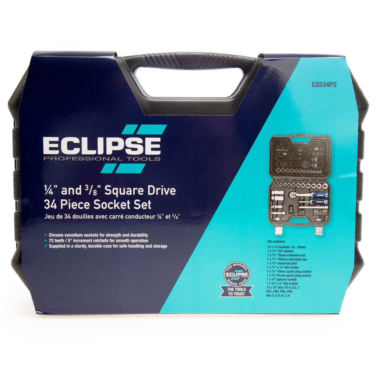 Eclipse Socket Set 3/8"D 34 Pc 6 Point Standard Length 1/4" Bit Holders ESS34PS