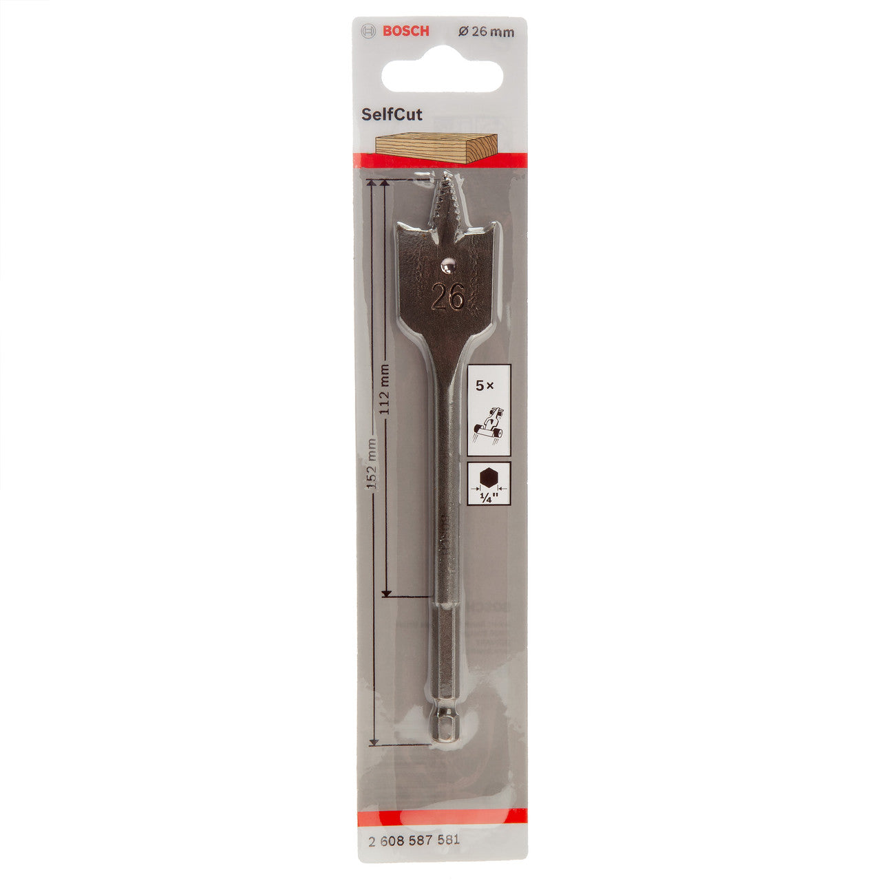 Bosch SelfCut Flat Drill Bit Hex Shank 26 x 152mm Wood & Plasterboard 2608587581
