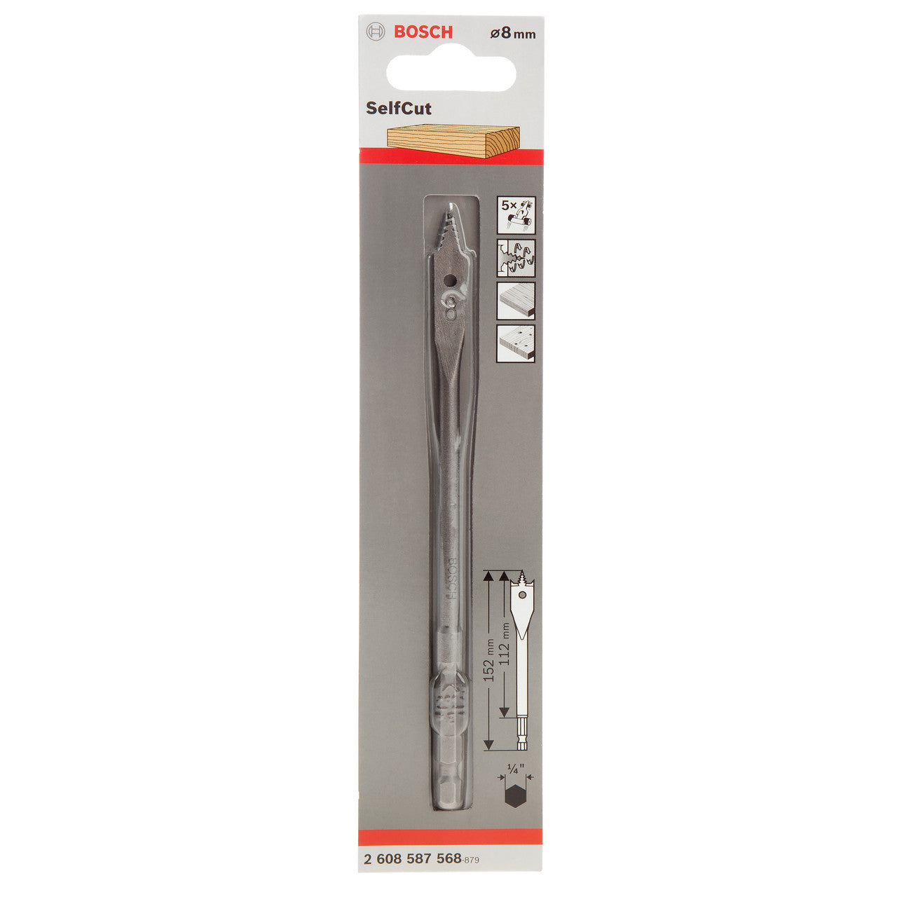 Bosch SelfCut Flat Drill Bit Hex Shank 8 x 152mm Wood & Plasterboard 2608587568