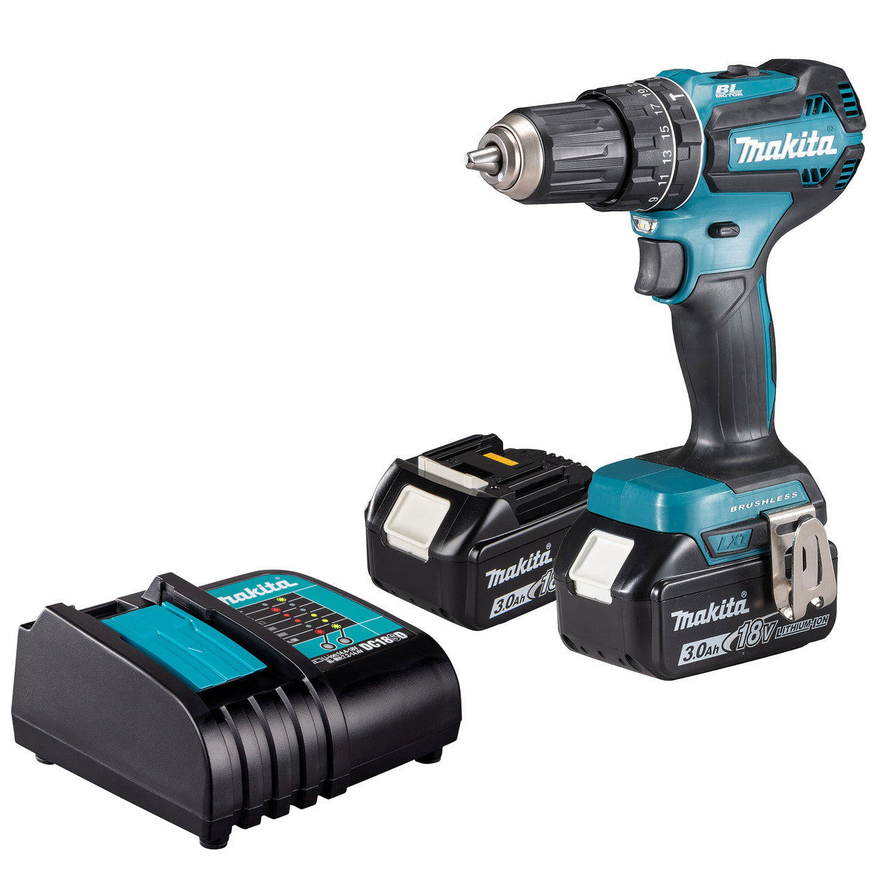Makita 18V LXT Combi Drill 2 x 3.0Ah Batteries Brushless Motor Keyless DHP485SFE