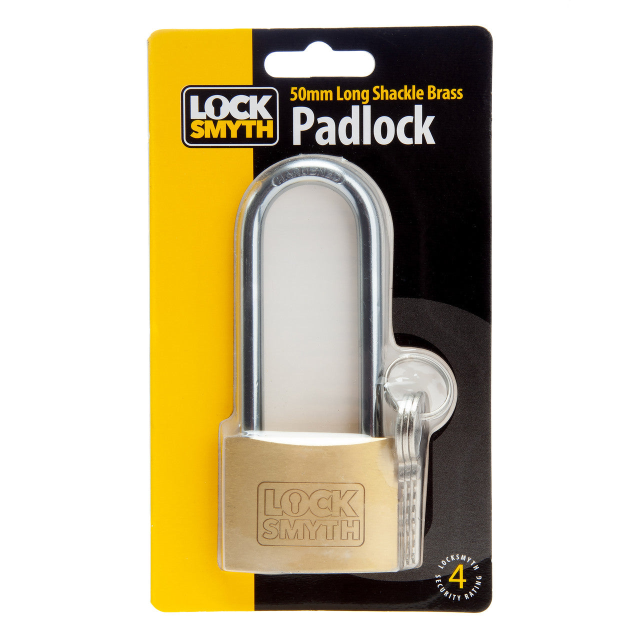 Locksmyth Long Shackle Brass Padlock 50mm Hardened Steel Shackle L2200015