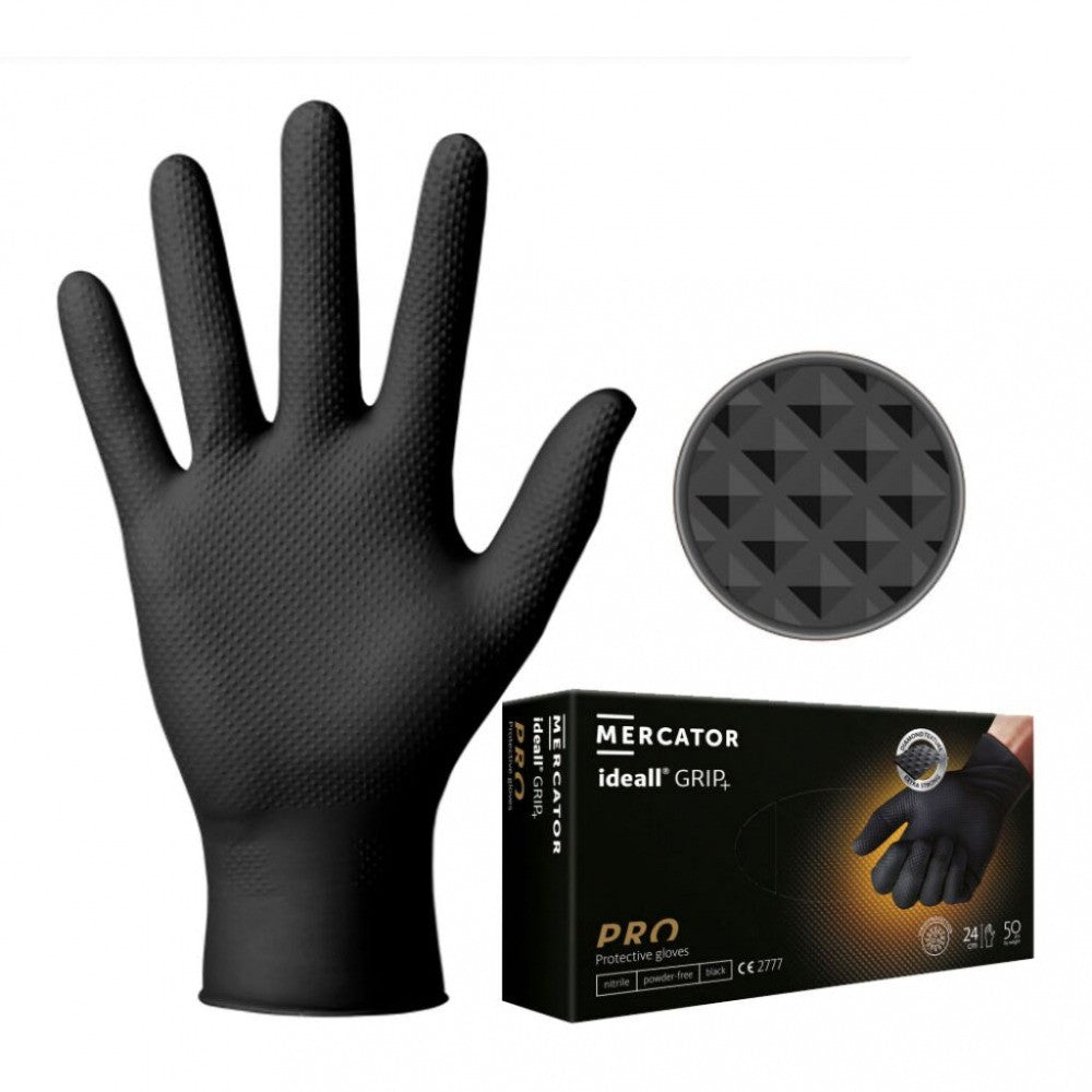 Mercator Ideall Grip+ Black Nitrile Gloves (Size 10/XL) - Pack of 50