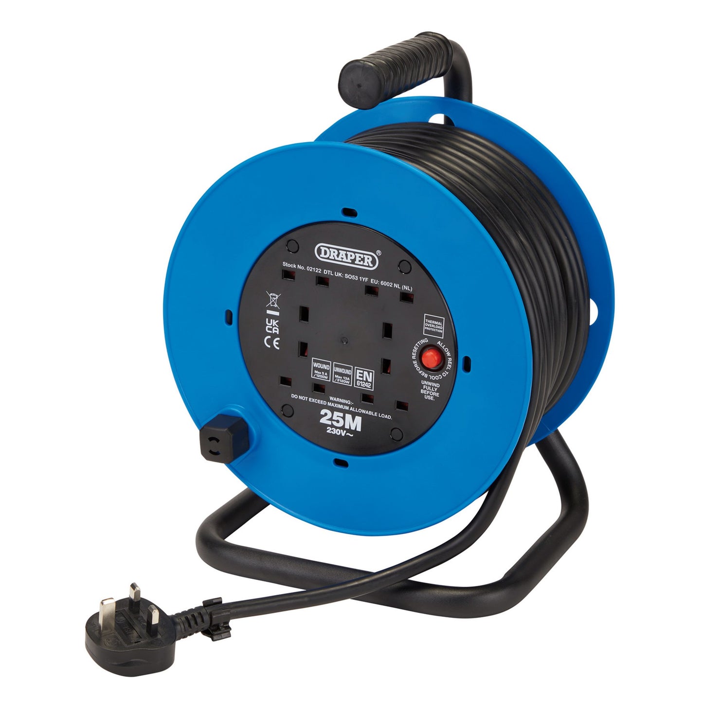 Draper 230V Heavy Duty Industrial Four Socket Cable Reel 25m 13A, 3120W 02122