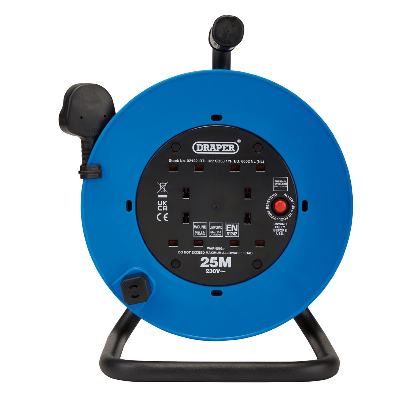 Draper 230V Heavy Duty Industrial Four Socket Cable Reel 25m 13A, 3120W 02122