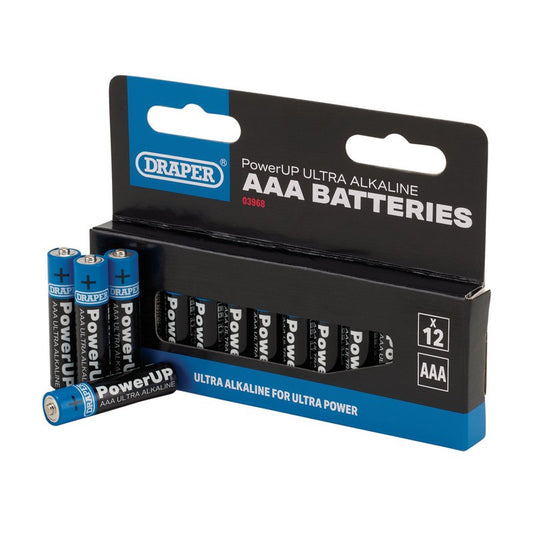 Draper PowerUP Ultra Alkaline AAA Batteries 12 Pack 20% More Capacity 03968