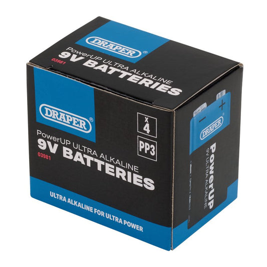 Draper PowerUP Ultra Alkaline 9V Batteries Pack of 4 Leakproof 03981