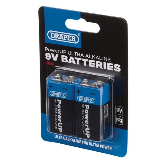 Draper PowerUP Ultra Alkaline 9V Batteries Pack of 2 leakproof 03983