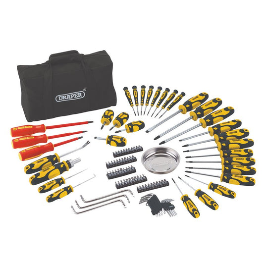 Draper Screwdriver And Bit Set with Soft Storage Bag Yellow 100 Piece 03992