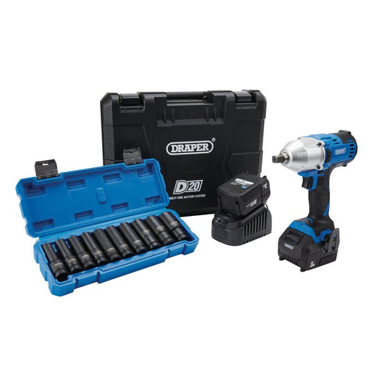 Draper D20 20V Brushless Mid-Torque Impact Wrench Kit 1/2"D inc Sockets 04791