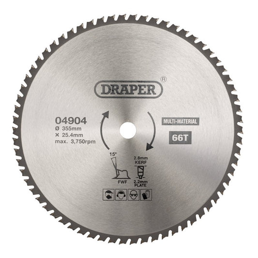 Draper TCT Multi Purpose Circular Saw Blade 355 x 25.4mm 66T 04904