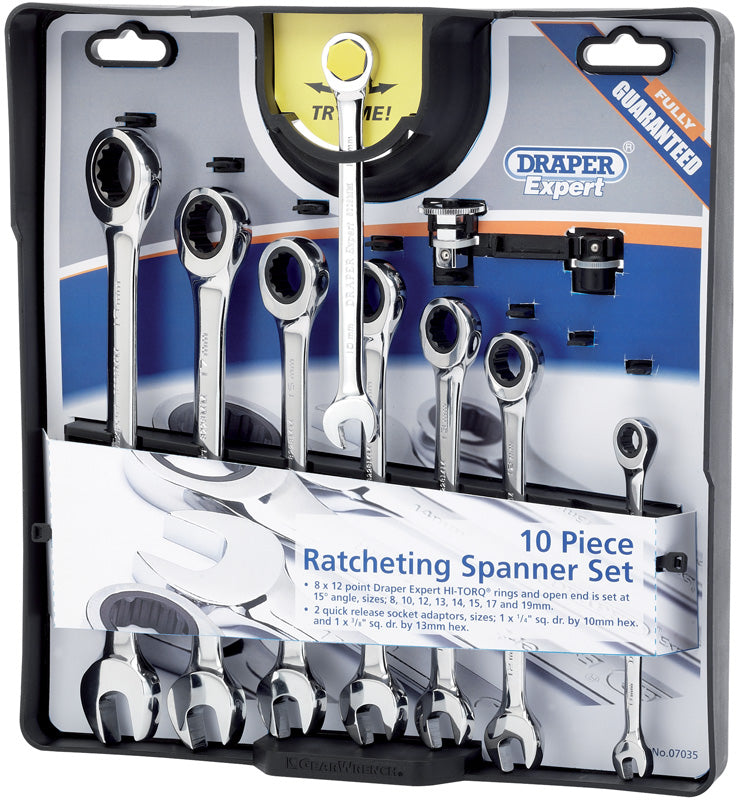 Expert 10 piece Draper Expert Hi-Torq® Metric Ratcheting Combination Spanner Set