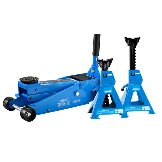 Draper 3 Tonne Trolley Jack Deal Two Free Axle Stands Height 133-465mm 07290
