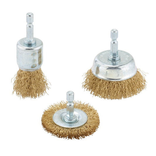 Draper Brassed Steel Crimped Wire Brush Set 3 Piece 6.35mm Hex Shank 07435