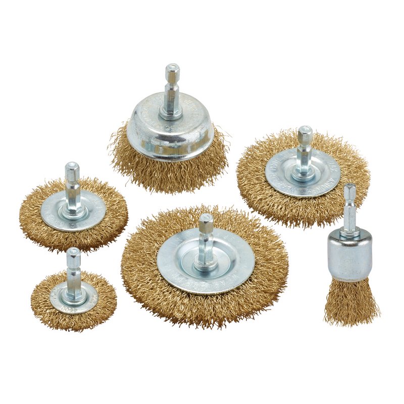 Draper Brassed Steel Crimped Wire Brush Set 6 Piece 6.35mm Hex Shank 07436