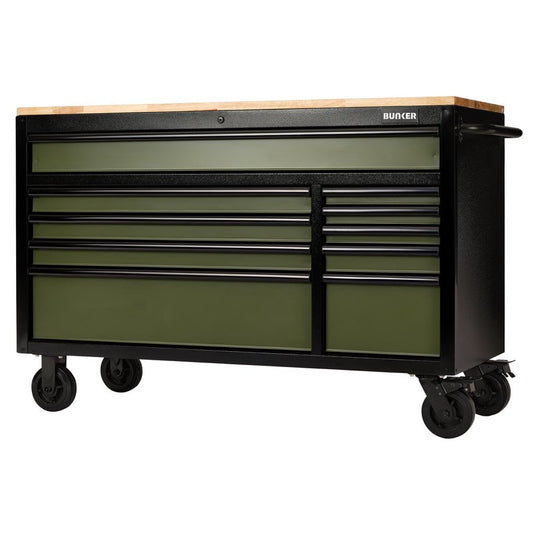 BUNKER Green Roller Tool Cabinet Workbench 10 Drawer 56" Steel 08236