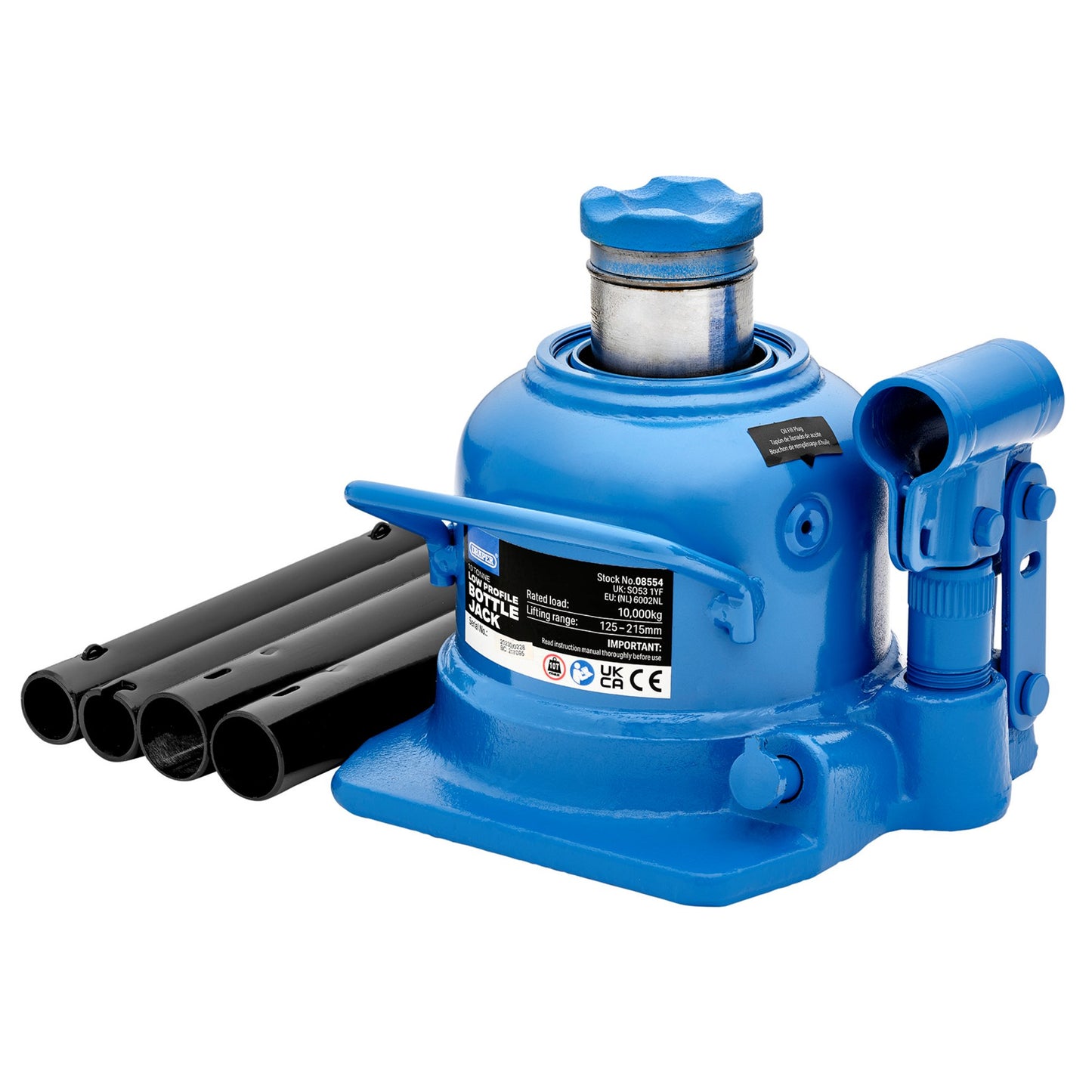 Draper Low Profile Bottle Jack 10 Tonne Two Stage Ram Range 125-215mm 08554