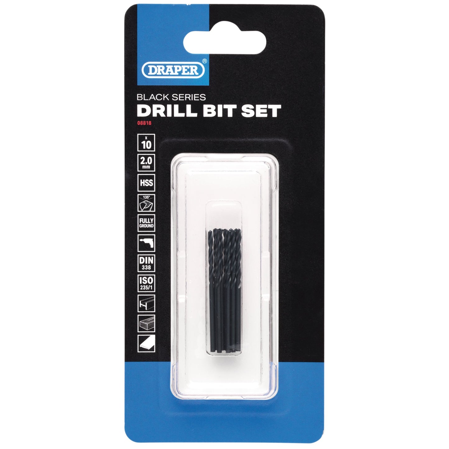 Draper Black HSS Drill Bit 2.0mm x 49mm Pack of 10 Multi Material Use 08818